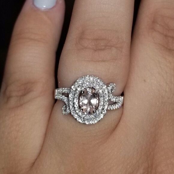 .925 Sterling Silver with Peach Morganite and Diamond Cubic Zirconia Ring - Picture 4 of 5